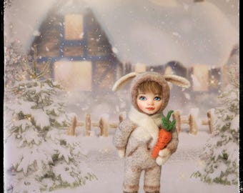 Needle Felted Bunny Doll with Carrot, OOAK Wool Art Toy, teddy doll