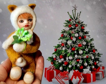 Needle Felted Fox Doll, OOAK, collectible, Wool Art Toy, teddy doll