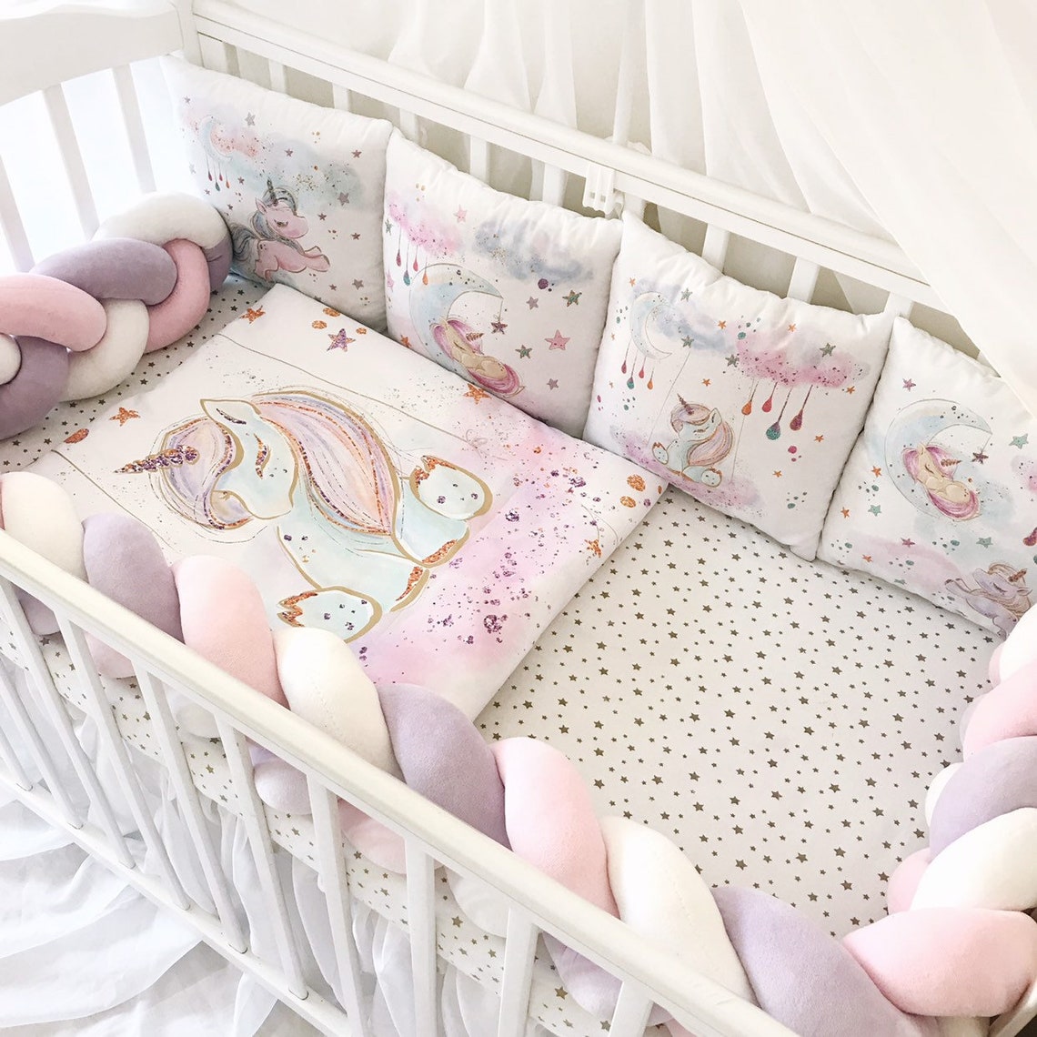 Unicorn crib bedding.Pink set bumpers for baby crib.Baby Etsy