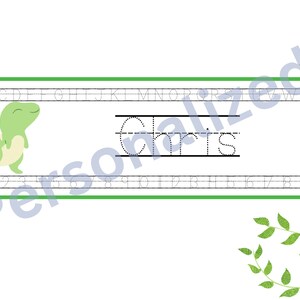 May include: A printable worksheet with a green dinosaur illustration, the alphabet, numbers 1-20, and a dotted line for tracing the name "Chris".