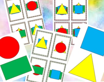 May include: A collection of flashcards featuring various geometric shapes in bright colors. Each card displays a different combination of shapes, including circles, triangles, squares, and rectangles. The cards are arranged on a colorful background, suitable for educational purposes.