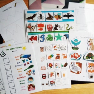 May include: A set of printable worksheets for kids featuring a variety of activities, including tracing lines, matching pictures, and completing a checklist of morning tasks. The worksheets are colorful and feature illustrations of animals, insects, and other objects.