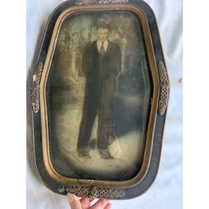 Antique Young Man Portrait in wood GESSO Framed Curved CONVEX BUBBLE Glass