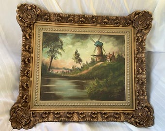 Vtg SIGNED Original Oil Painting Art on Canvas of a Windmill Ornate Gilded Frame