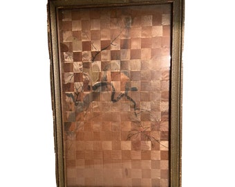 Vintage Framed Painting On Woven Basket Weave Canvas. Oriental Wood Block Birds