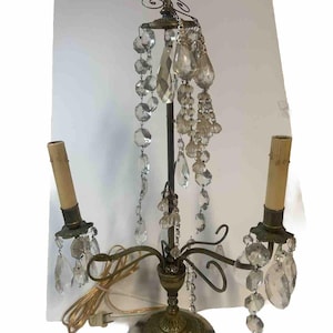 Girandole Lamp Tear Drop Crystal Prisms Table Waterfall Brass Candlestick WORKS