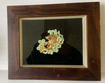 Framed Bejewelled Jade Gold Oriental Chinese Koi Fish Hongshan Shadow box