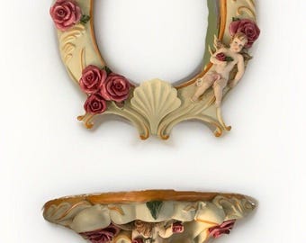 Capodimonte Style Mirror w/ Sconce Shelf set Cherubs and Roses in Ivory LOCAL PICK UP