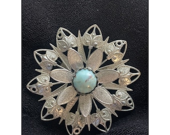 Late 1800's/Early 1900's Silver Turquoise Filigree Flower Pin Antique