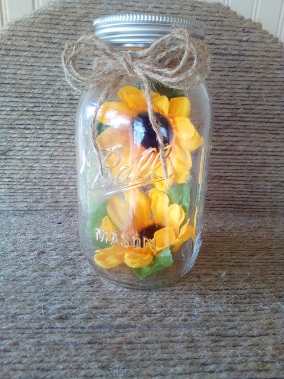 Decorated Mason Jar With Sunflowers And Twine Bow For Etsy