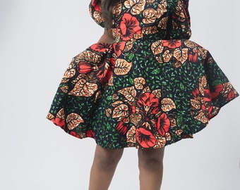 Robe africaine multicolore pour femme, imprimé Ankara, haut fleuri à manches bouffantes, jupe trapèze et lien à nouer à la taille, encolure haute, robe courte