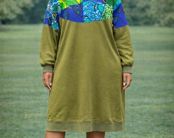African Print Sweatshirt Dress, Midi Jumper, Ankara Panel Casual Long Sleeve