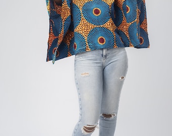 Poncho-Top, afrikanischer Ankara-Wachsstoff, 100 % Baumwolle, afrikanisches Damen-Poncho-Top, asymmetrisches Pull-Over-afrikanisches Top