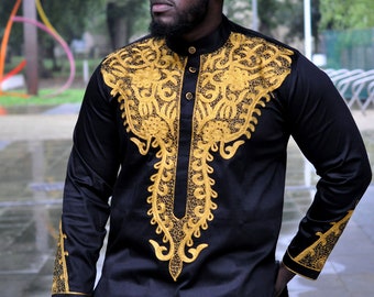 Black and gold Men African Polished Cotton Print Wakanda style shirts | Mens Fashion Embroidery shirt| Mens African Occasion Shirt