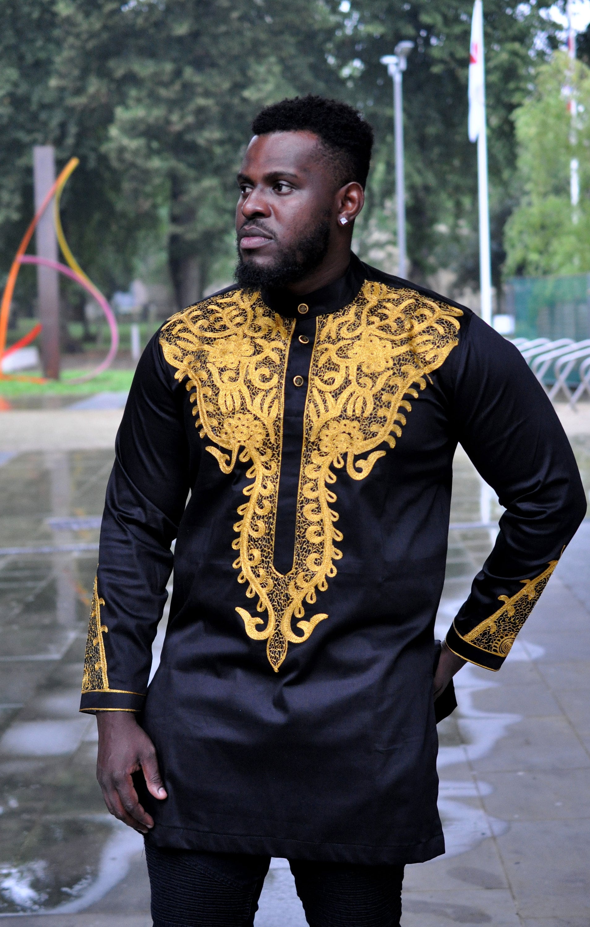 Noir et or Hommes Africain Poli Coton Imprimé Wakanda chemises de style  Chemise de broderie de mode masculine Chemise Africaine Homme avec pantalon  -  France