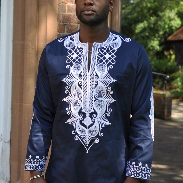 Navy blue and white Men African Polished Cotton long sleeved shirts | Mens Fashion Embroidery shirt| Mens African Shirt with with trousers