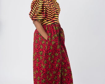 Robe africaine rouge et jaune pour femme, imprimé Ankara, haut à manches bouffantes à stipe, jupe trapèze et lien à nouer à la taille, col rond, robe longue