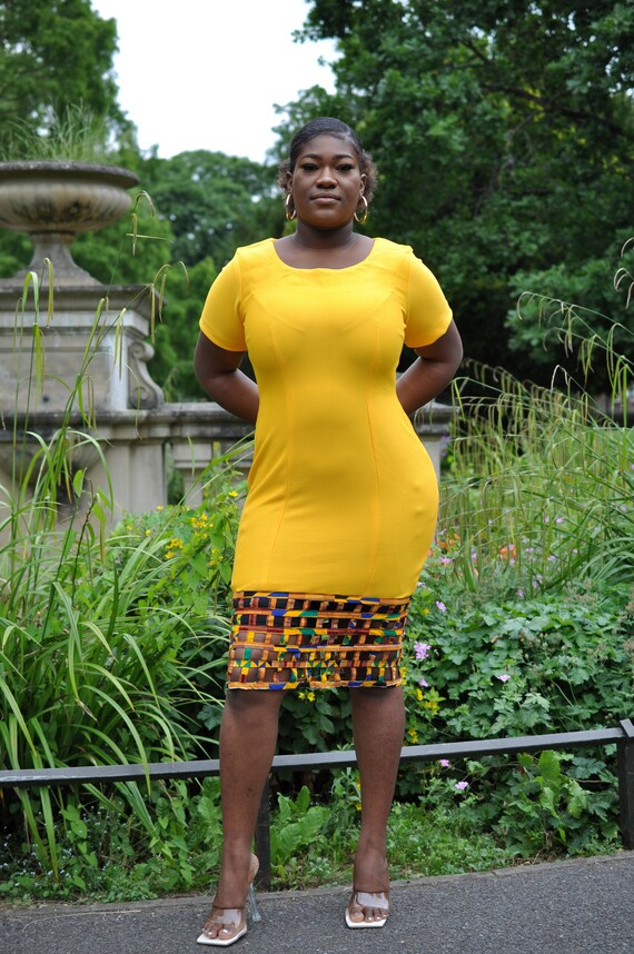 Yellow Bodycon Dress With African Print Woven Detail - Etsy Norway