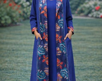 Two Piece Maxi Dress Set, Blue Inner Dress, Open Front Jacket, Elegant Modest Outfit