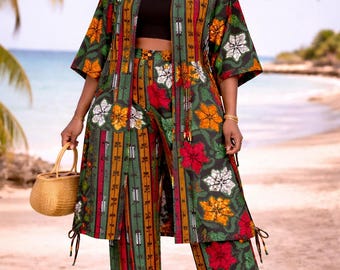 Completo da donna con pantaloni palazzo e kimono con stampa africana
