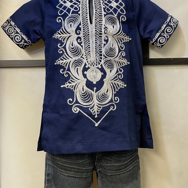 Boys Navy  Polished cotton and Sliver Embroidery short sleeve shirts.