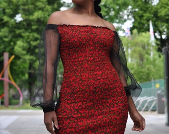 Red Ankara body con off shoulder flare sleeve Dress| Flare sleeves dress | Women’s Ankara Dress | women’s Ankara dress