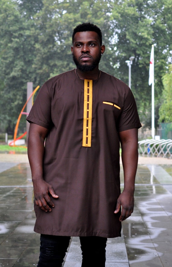 Brown Men's African Suiting Material Short Sleeved Shirts Mens