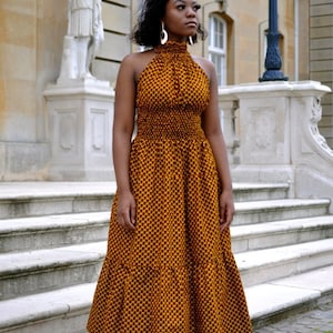 Robe longue dos nu moutarde Ankara | Robe de cérémonie pour femme africaine | Vêtements pour femmes africaines