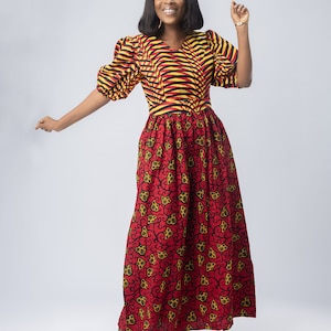 Red and Yellow African Ladies Dress, Ankara Print, Stipe Puffy Sleeve Top, A-line Skirt and Tie Waist, Round Neck, Long Dress