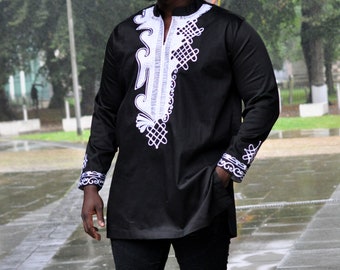 Black and white Men African Polished Cotton Print Wakanda style shirts | Mens Fashion Embroidery shirt| Mens African Occasion Shirt