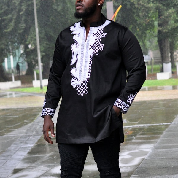 Black and white Men African Polished Cotton Print Wakanda style shirts | Mens Fashion Embroidery shirt| Mens African Occasion Shirt