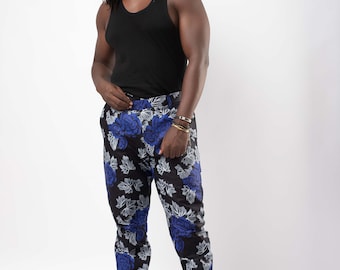 African Ankara Print Blue, Grey and Black Floral Suit Trousers, made with African Wax Fabric which is 100% Cotton, Straight Leg Men Trouser