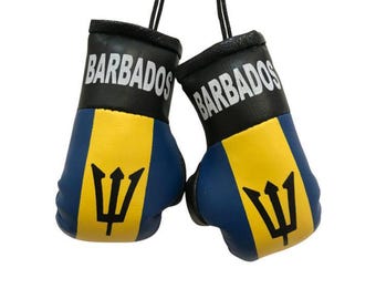 May include: Pair of miniature boxing gloves with the word "Barbados" printed on the black cuffs. The gloves are blue and yellow, with the trident symbol of Barbados. Black strings are attached for hanging.