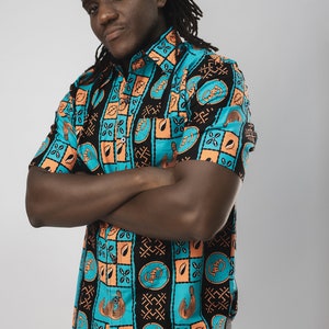 Ankara Button Down Shirt, Türkis Ghana Design, maßgeschneidertes afrikanisches Hemd, afrikanisches Druckhemd mit Kragen, maßgeschneidertes afrikanisches Herrenhemd