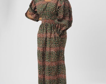 Robe africaine verte et rouge pour femme, imprimé Ankara, style léopard à stipe, taille élastiquée trapèze, manches fendues bouffantes, robe longue