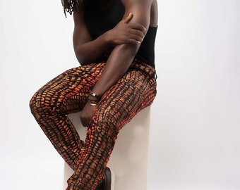 African Ankara Print Braun, Rot, Orange und Schwarz Floral Anzughose, hergestellt mit African Wax Fabric, 100% Baumwolle, Straight Leg Men Hose