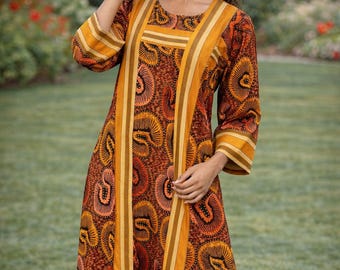 Ankara Print Midi Dress, Long Sleeve Tassel Detail, Elegant Cultural Everyday Wear
