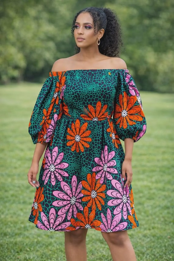 off shoulder floral dress knee length African Print Dress, Ankara Puff Sleeve Smock, Summer Holiday Womens dresses