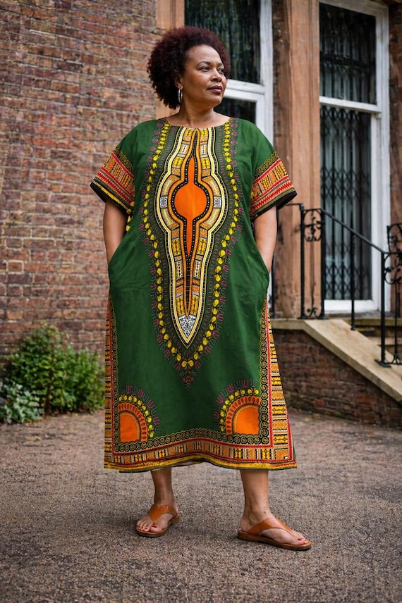 green dashiki dress African Midi – Traditional Print Loose Fit Kaftan Dress With Pockets queen of hearts