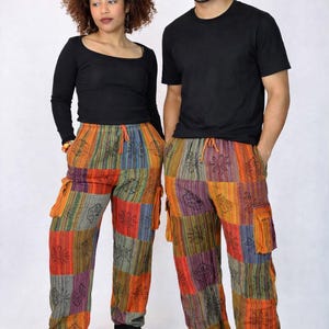 Pantalon cargo patchwork africain unisexe, pantalon festival bohème large, pantalon cargo à cordon coloré