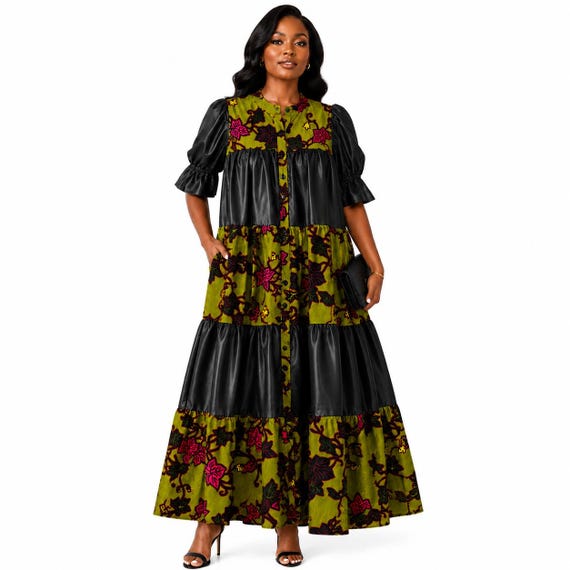 Women's African Print Tiered Maxi Dress – Black & Olive