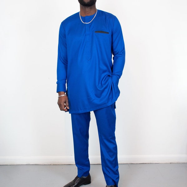 African Men Blue  2 piece set Suit  clothing,men's outfit,African attire,African suit,Dashiki for men, Men caftan, Africa Senator