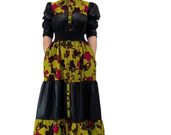Ankara Patroon lange jurk | Lange Afrikaanse print button up jurk