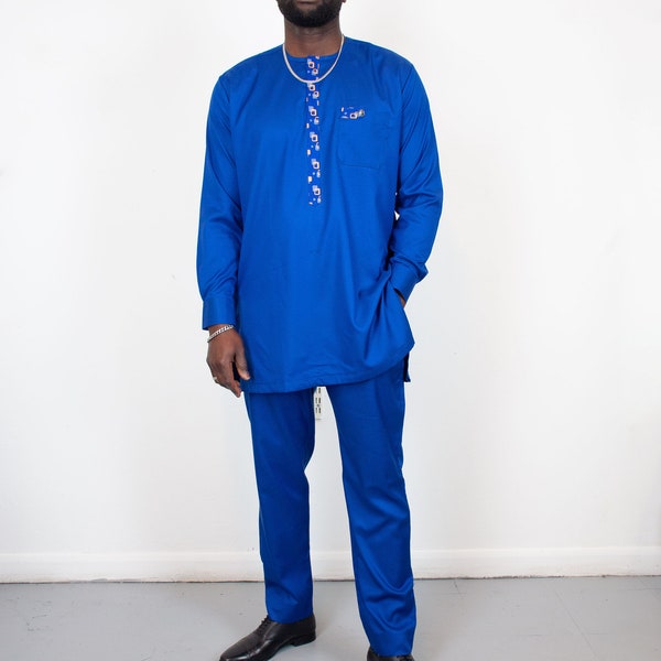 African Men's Blue Suit | African Men's Traditional Wear | African Suit and Trouser