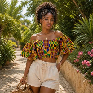 May include: A colourful, off-the-shoulder crop top with a geometric pattern in yellow, red, green, and black. The outfit includes beige shorts and a woven handbag, complemented by gold jewellery and a watch.