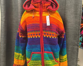 Rainbow Woollen Hoodie, Hippie Style, Removable Hoodie, Inside Pocket, Available Sizes S-3XL