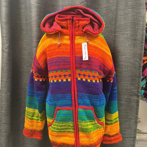 Sudadera con capucha de lana arcoíris, estilo hippie, sudadera con capucha extraíble, bolsillo interior, tallas disponibles S-3XL