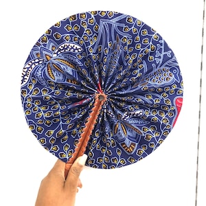 Unique African Print Fan, Handheld Folding Fan, Vibrant Fabric Fan with Leather Handle, Afrocentric Gifts & Décor, Handmade in Ghana