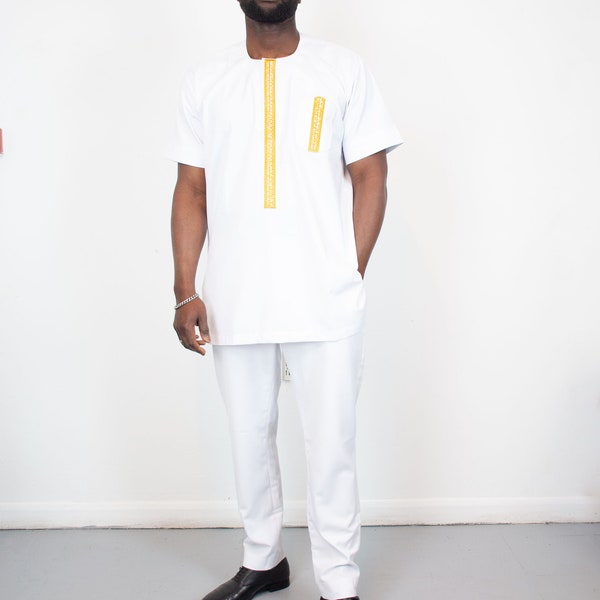 African White and Gold 2 piece set Suit  clothing,men's outfit,African attire,African suit,Dashiki for men, Men caftan, Africa Senator