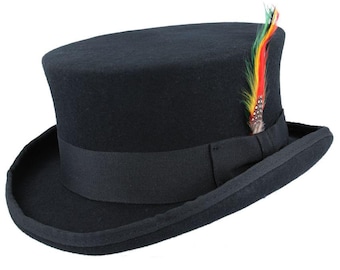 May include: A black top hat with a black ribbon band and a colourful feather accent. The hat has a wide brim and a tall, cylindrical crown. The feather features red, yellow, and green colours.